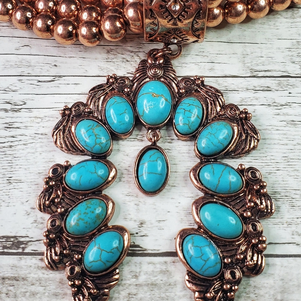 copper turquoise squash blossom necklace - Picture 1 of 5
